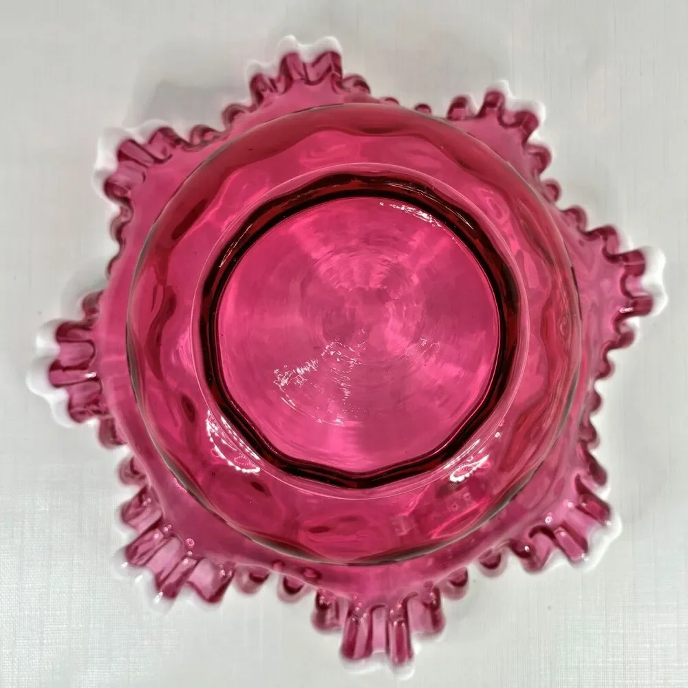 Vintage Ruffled Cranberry Brides Basket Fenton White Crest Metal Holder Victoria